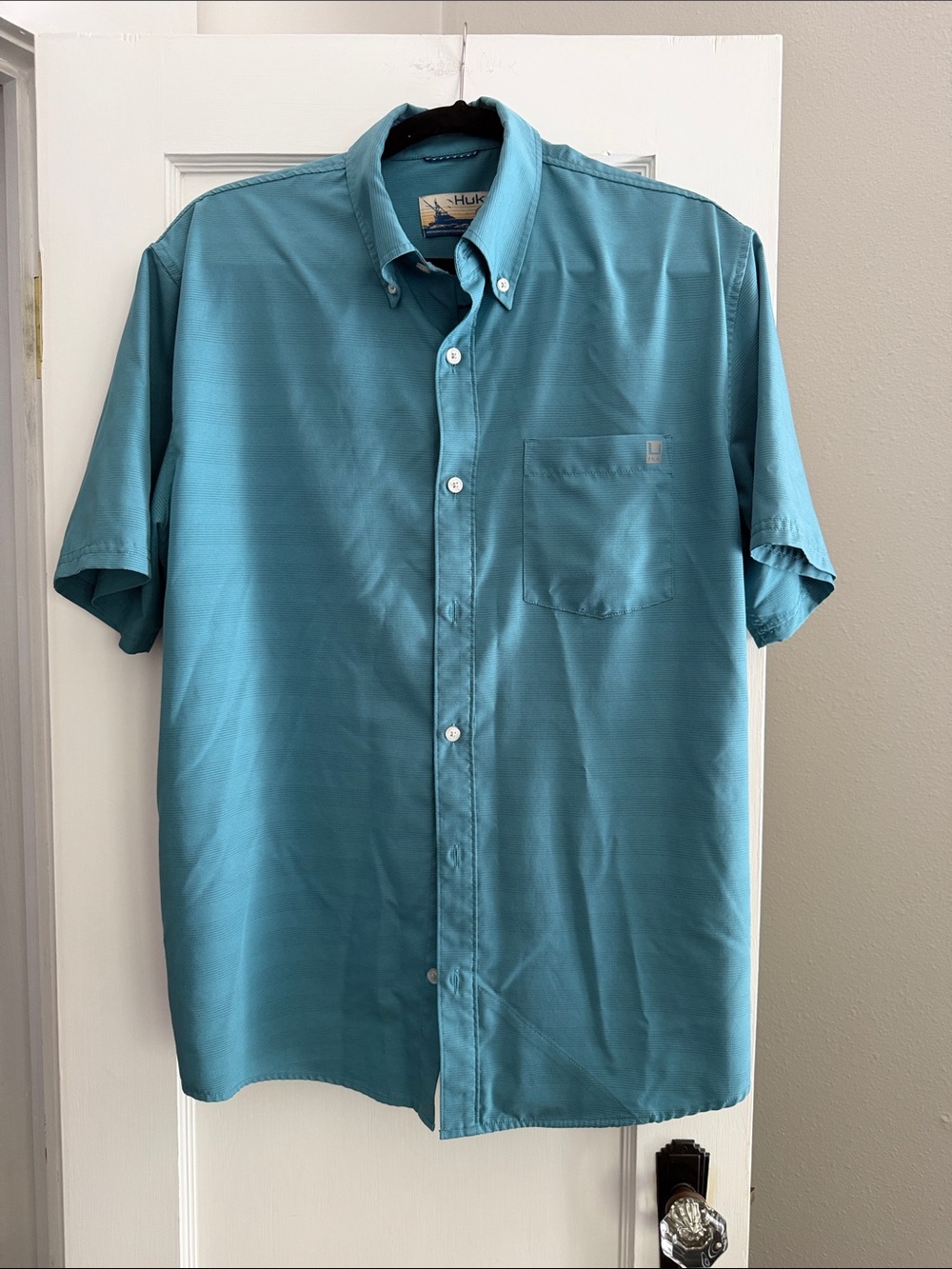 Huk Short Sleeve Button-Up Shirt in Blue-Green